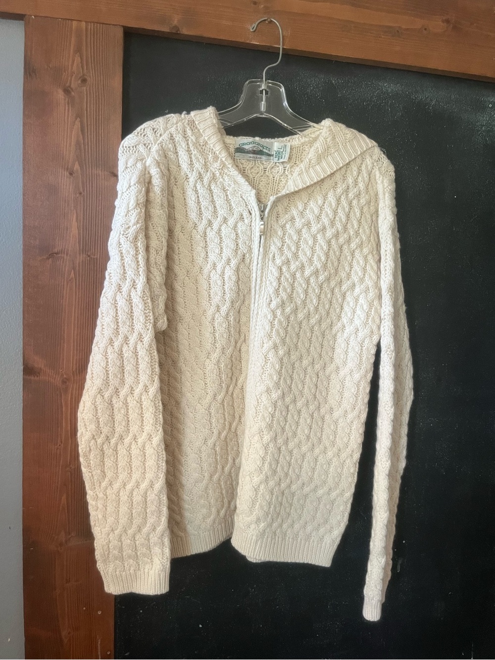 Aran Crafts Ireland Cream Cable-Knit Zip Hoodie Cardigan size L euc